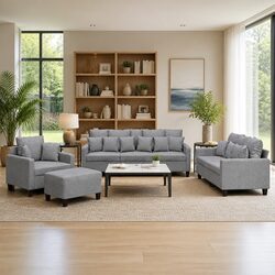 4 Piece Sofa Set with Throw Pillows and Footstool Grey Fabric Living Room Couch