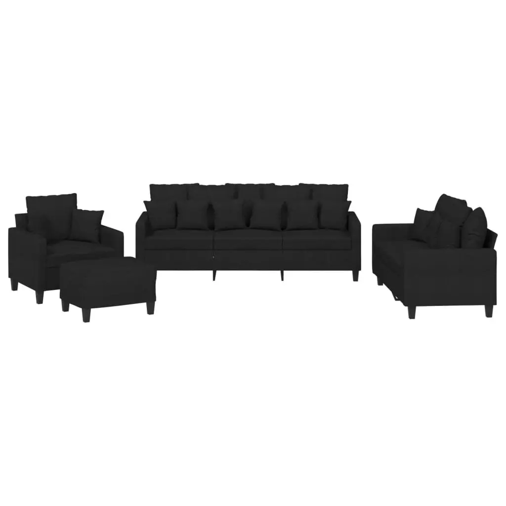 4 Piece Sofa Set with Throw Pillows and Footstool Black Fabric Living Room