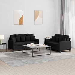 Comfortable 2 Piece Black Fabric Sofa Set with Cushions