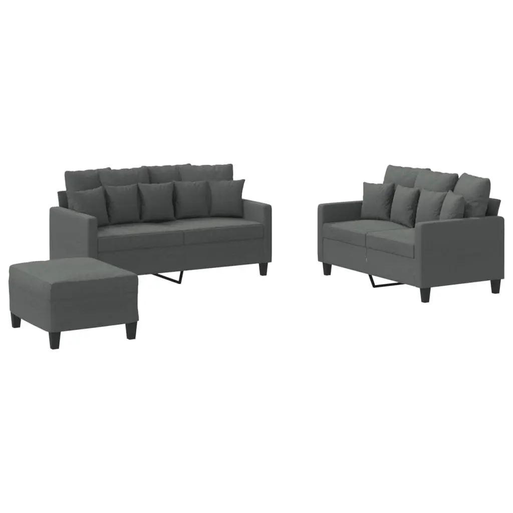 3 Piece Sofa Set Grey Fabric with Cushions Footstool Living Room Furniture