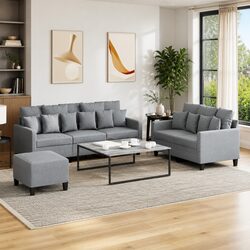 3 Piece Sofa Set with Footstool Grey Fabric Living Room Lounge Seating Suite