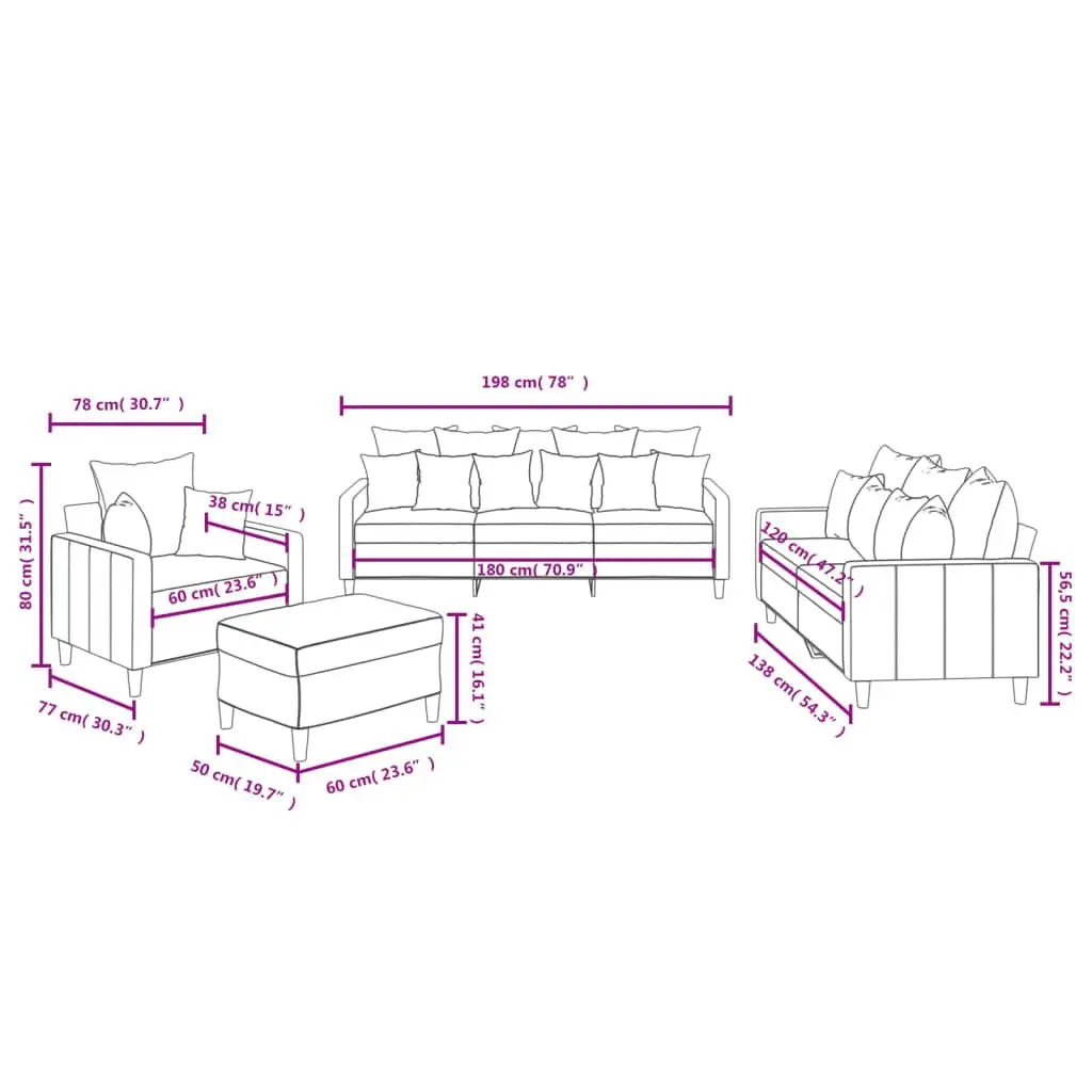 Sofa Set for Living Room Grey Velvet 4 Piece with Footstool