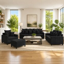 Comfortable 4 Piece Black Velvet Sofa Set for Relaxation
