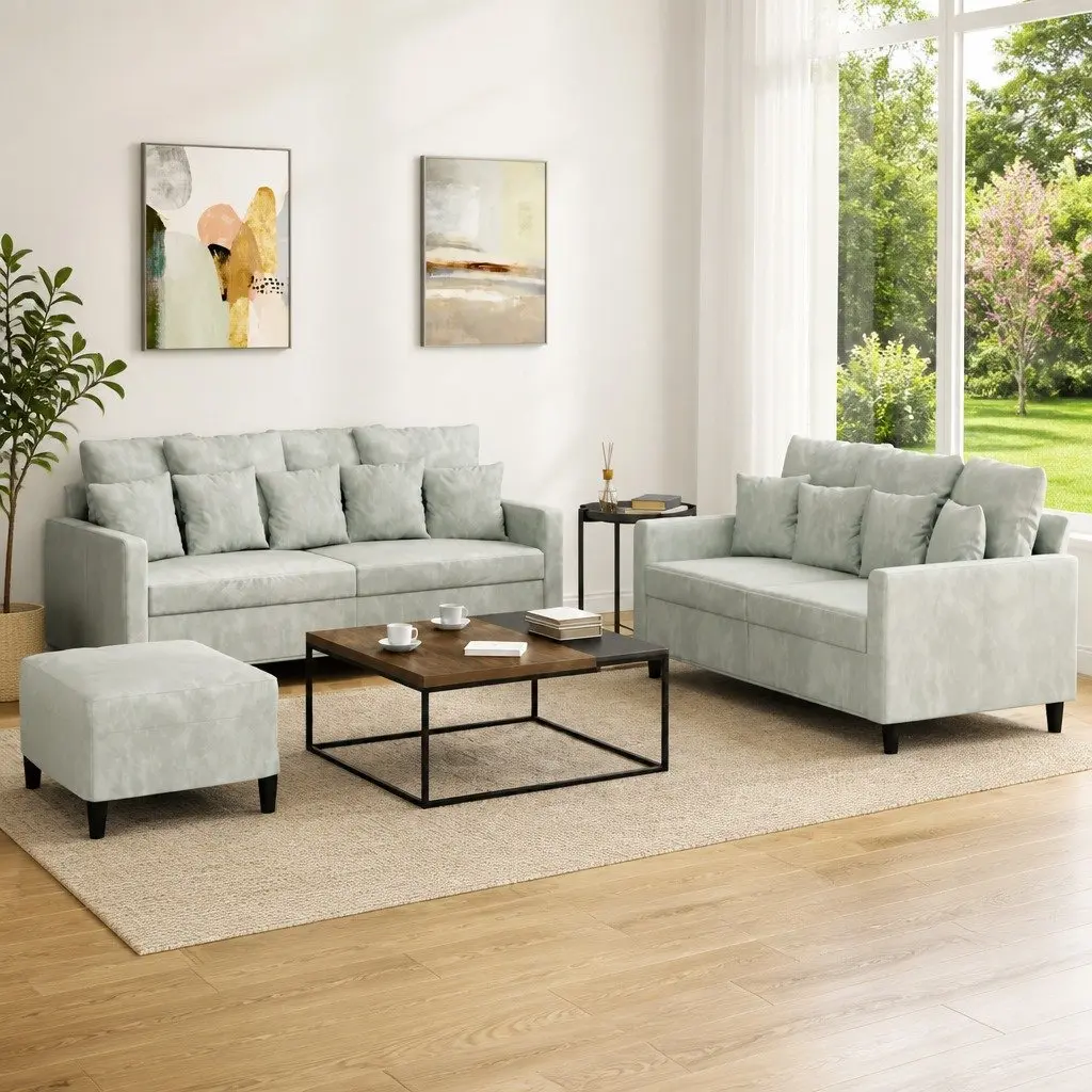 3 Piece Sofa Set Velvet Living Room Furniture Compact Grey