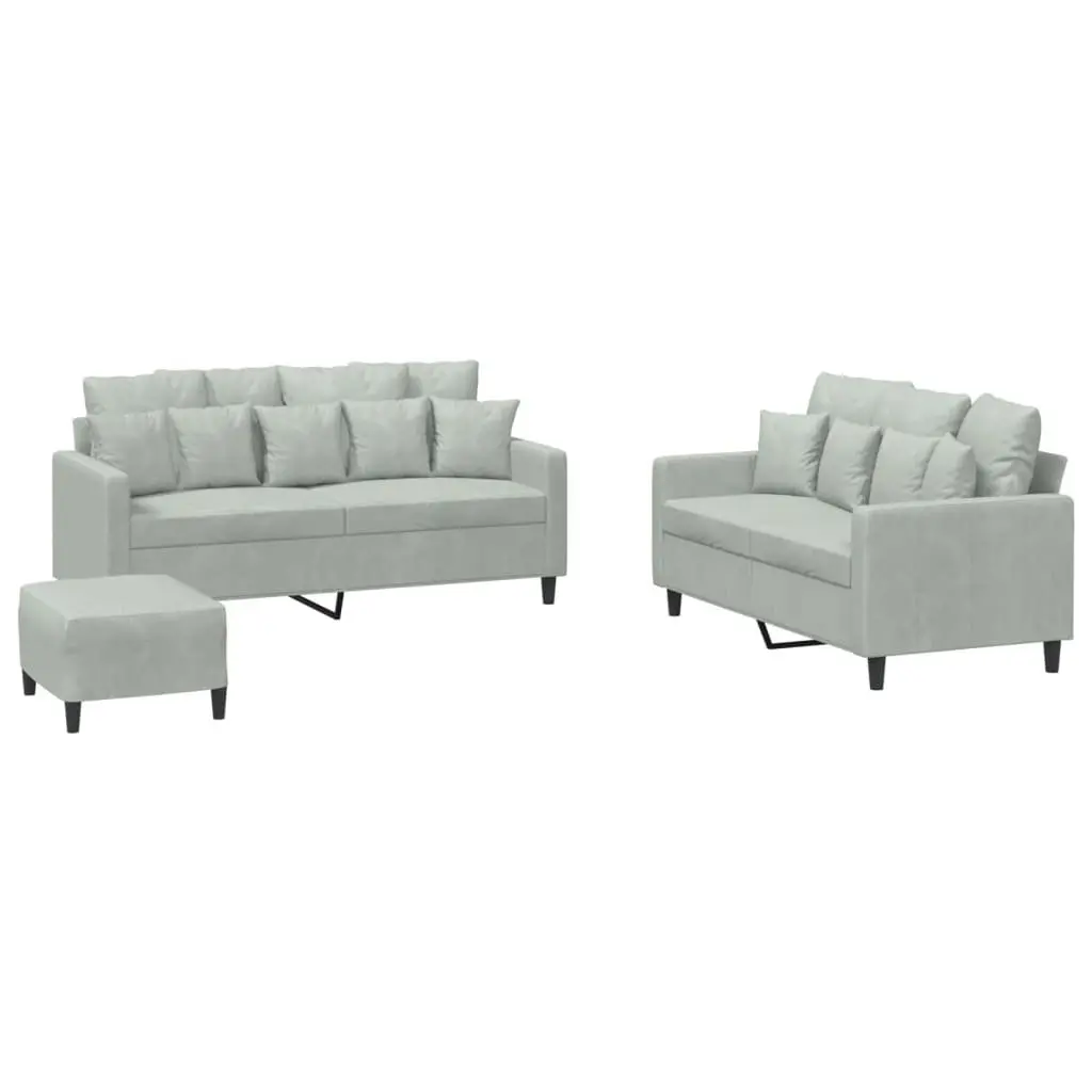 3 Piece Sofa Set Velvet Living Room Furniture Compact Grey