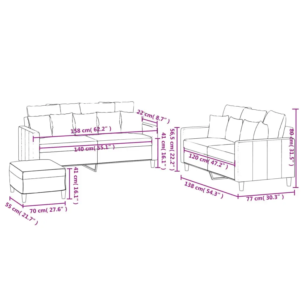 3 Piece Sofa Set Velvet Living Room Furniture Compact Grey
