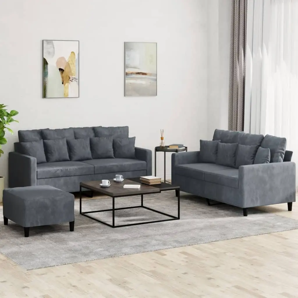 3 Piece Sofa Set Grey Velvet Lounge Suite Living Room