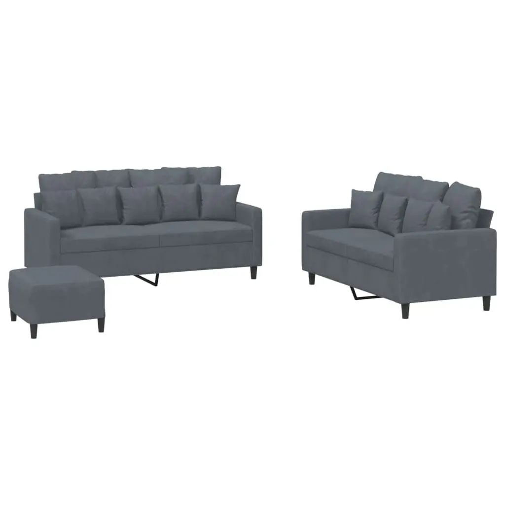 3 Piece Sofa Set Grey Velvet Lounge Suite Living Room