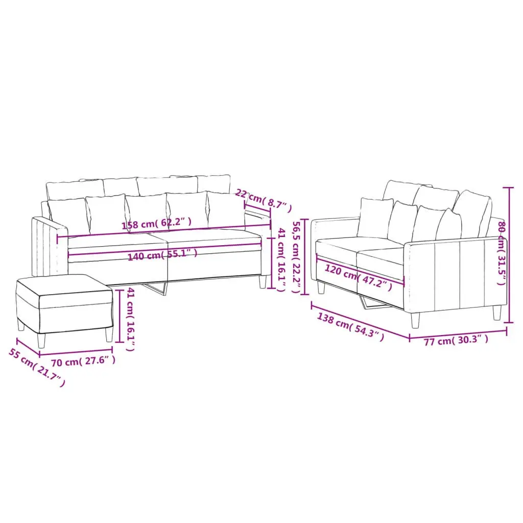3 Piece Sofa Set Grey Velvet Lounge Suite Living Room