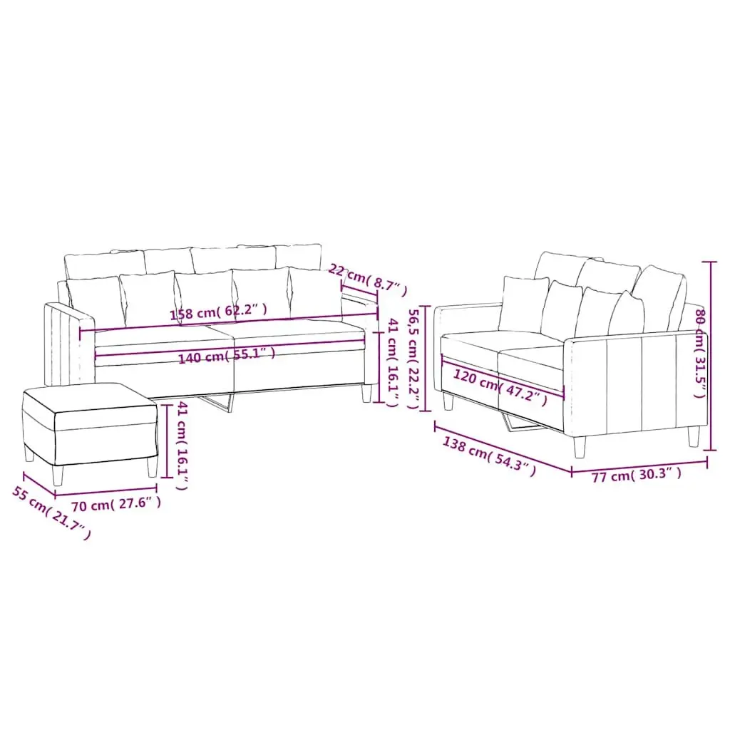 3 Piece Sofa Set with Footstool