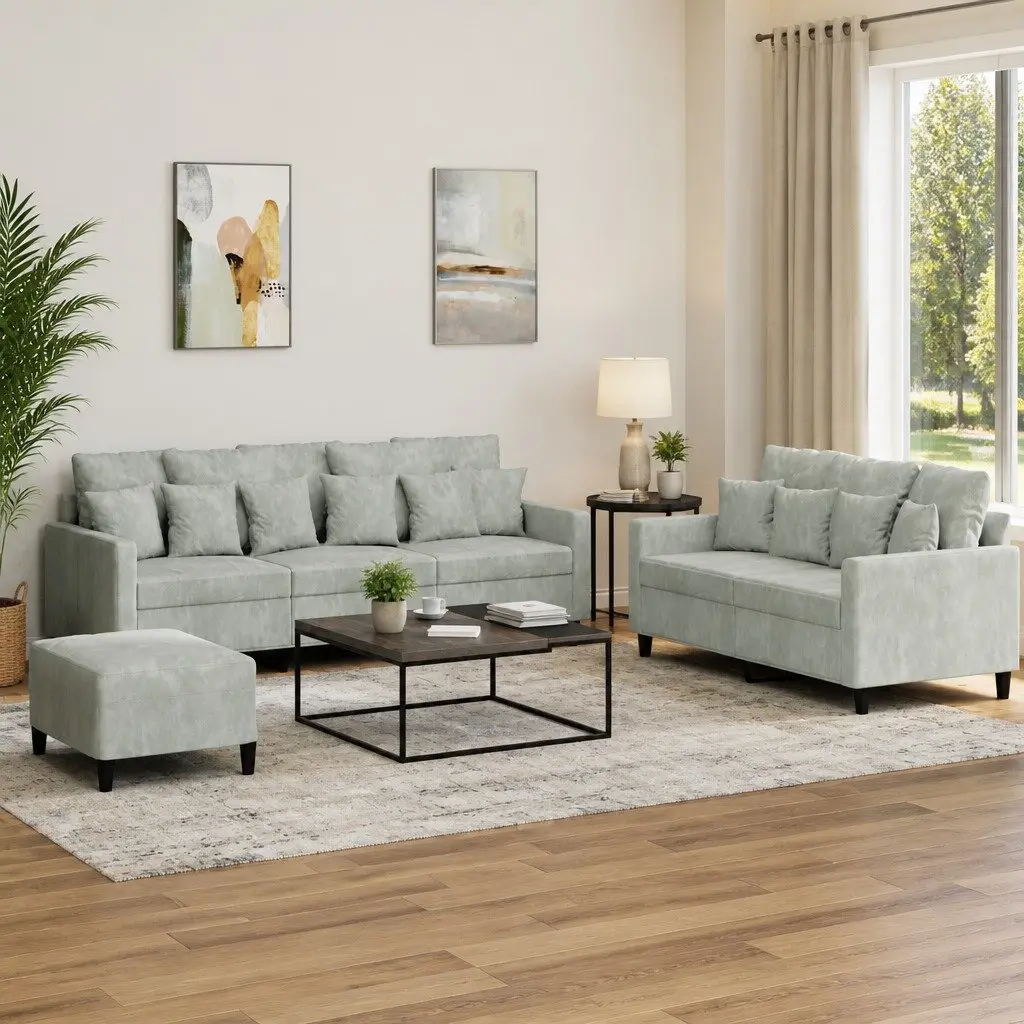 Grey Velvet Sofa Set 3 Piece Lounge Couch with Cushions Footstool for Living Room