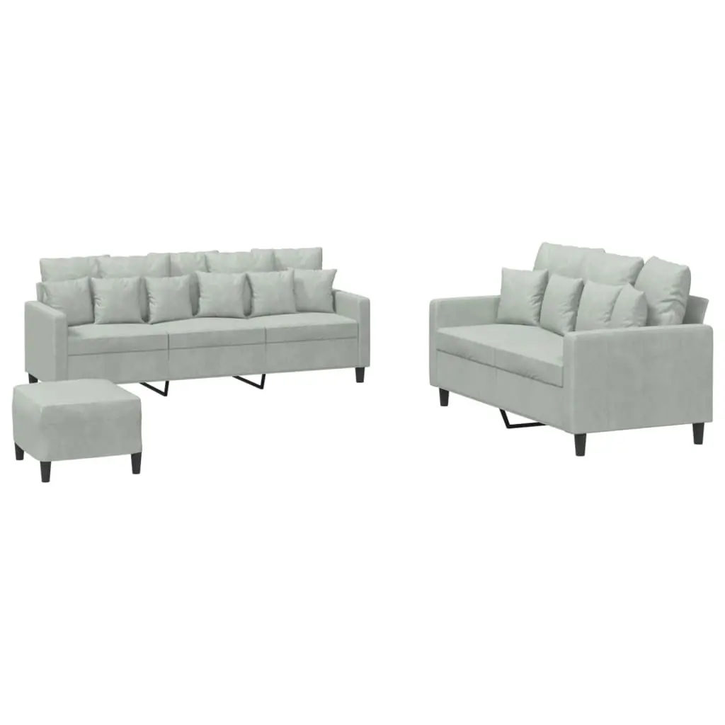 Grey Velvet Sofa Set 3 Piece Lounge Couch with Cushions Footstool for Living Room