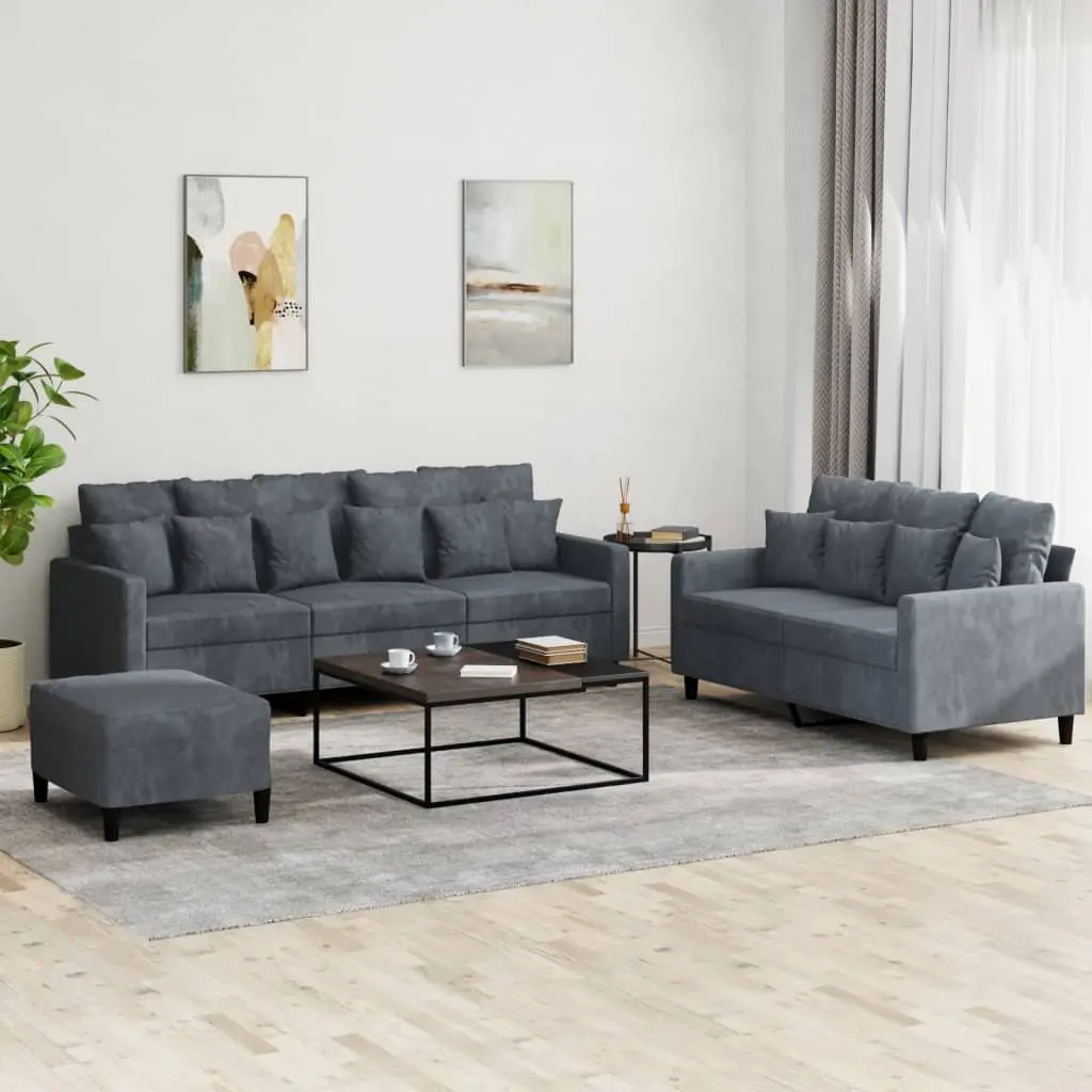 3 Piece Sofa Set Grey Velvet Lounge Suite Living Room Furniture