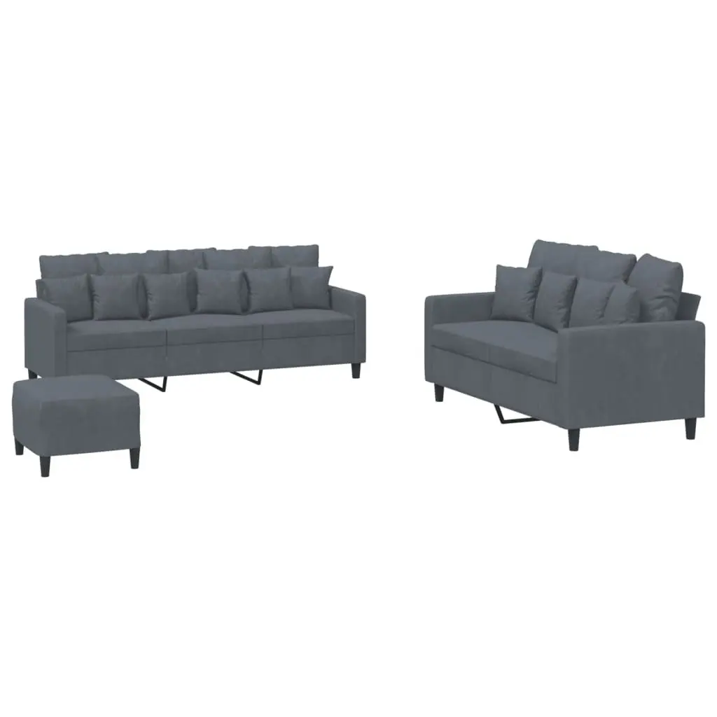 3 Piece Sofa Set Grey Velvet Lounge Suite Living Room Furniture