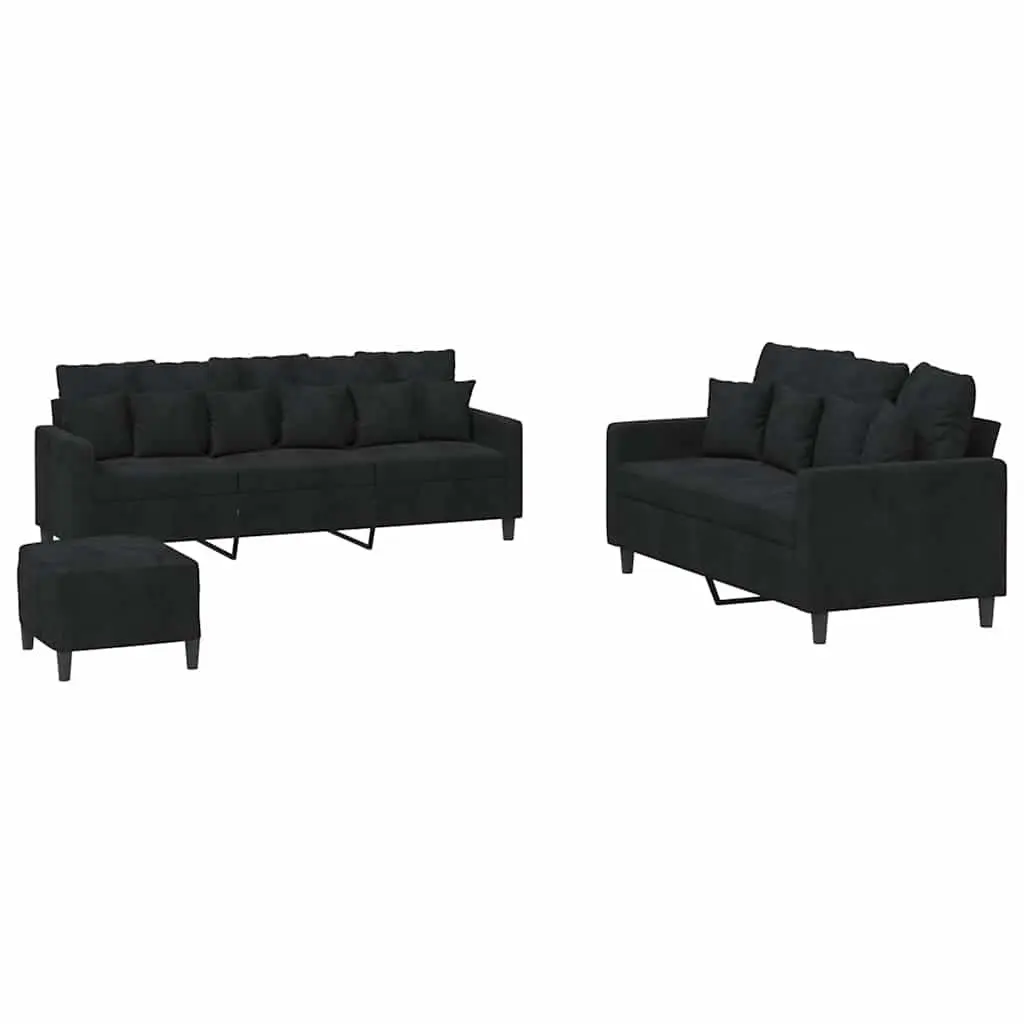 3 Piece Sofa Set Black Velvet Living Room Furniture