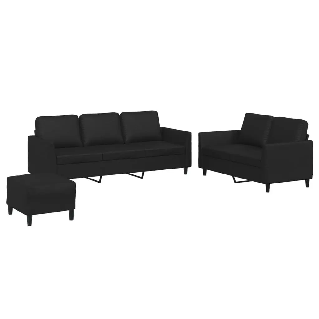 3 Piece Sofa Set Cushions Footstool Black Faux Leather Living Room