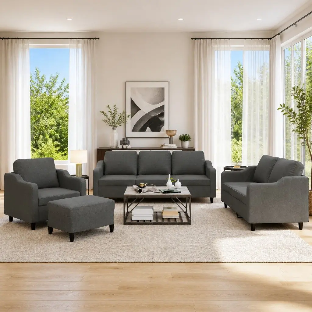 Sofa Set Grey Fabric Lounge Couch Armchair Footstool 4 Piece