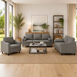 3 Piece Sofa Set Grey Fabric Couch Living Room Furniture with Pillows