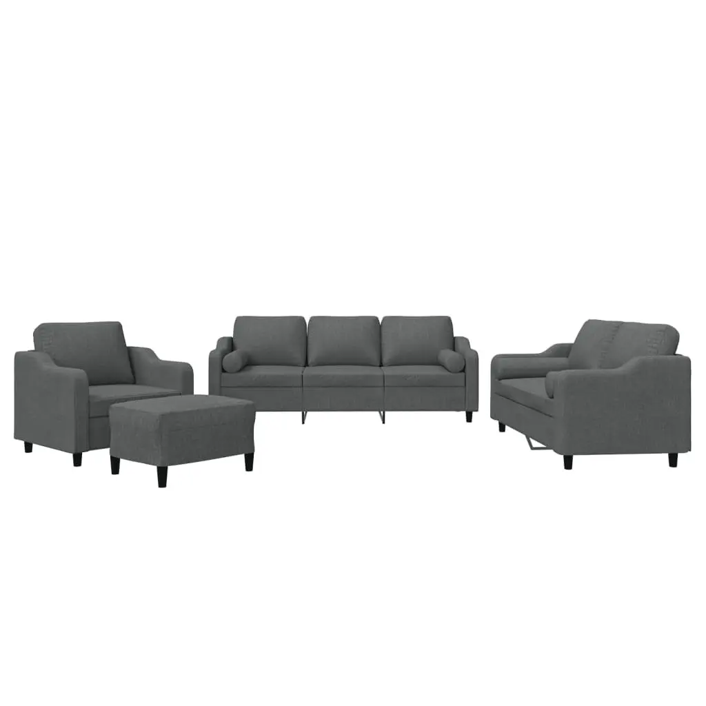 4 Piece Sofa Set Grey Fabric Lounge Suite with Pillows Footstool Living Room