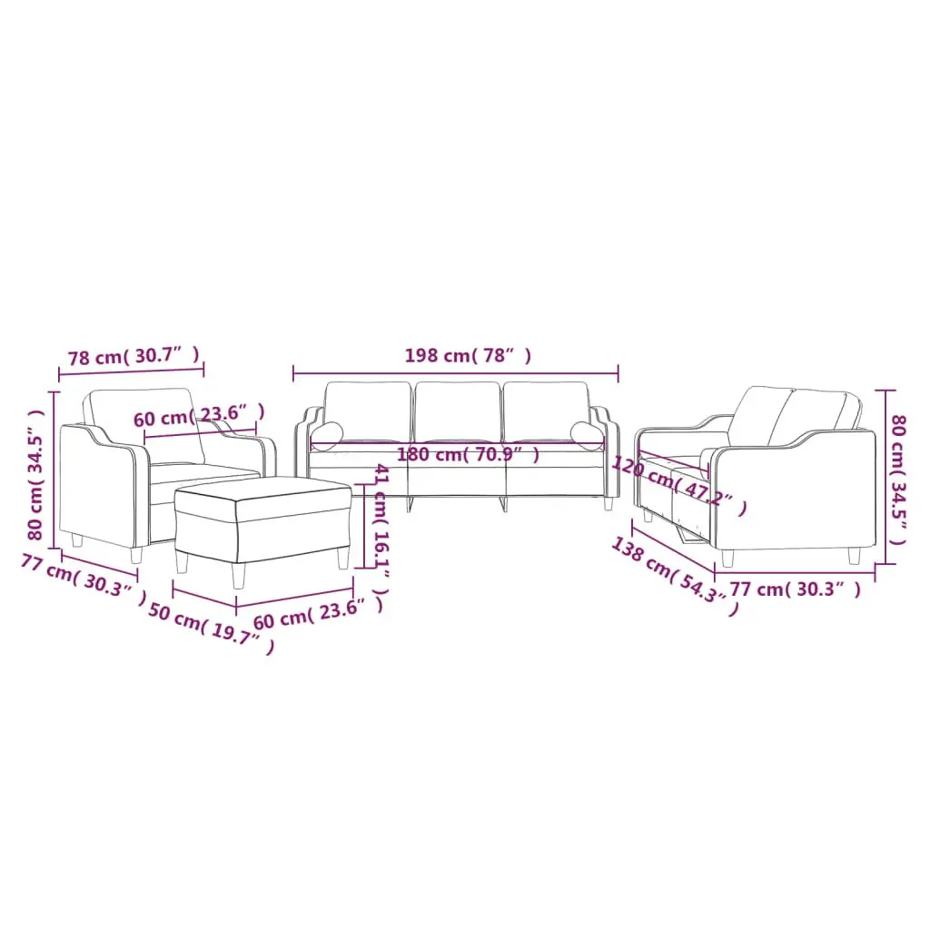 4 Piece Sofa Set Grey Fabric Lounge Suite with Pillows Footstool Living Room