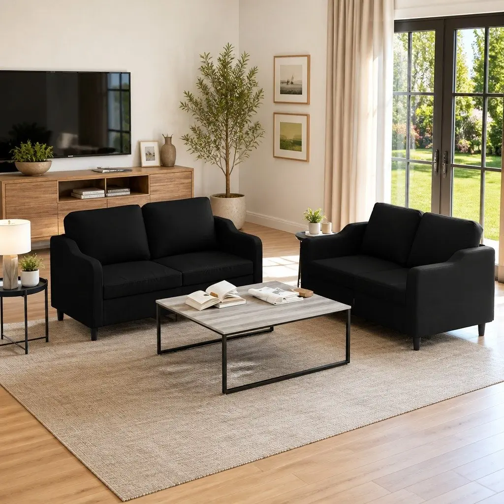 Sofa Set Lounge Suite 2 Piece Black Fabric Living Room Seating