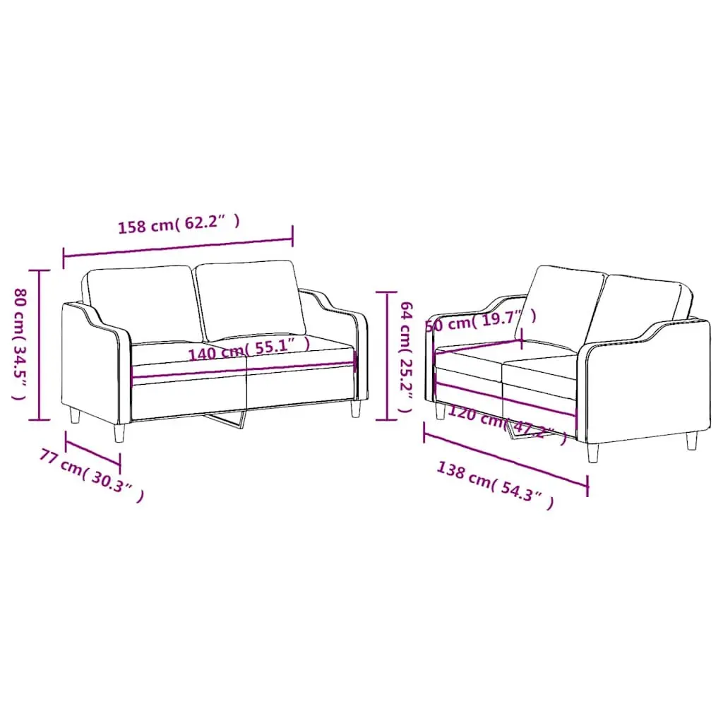 Sofa Set Lounge Suite 2 Piece Black Fabric Living Room Seating
