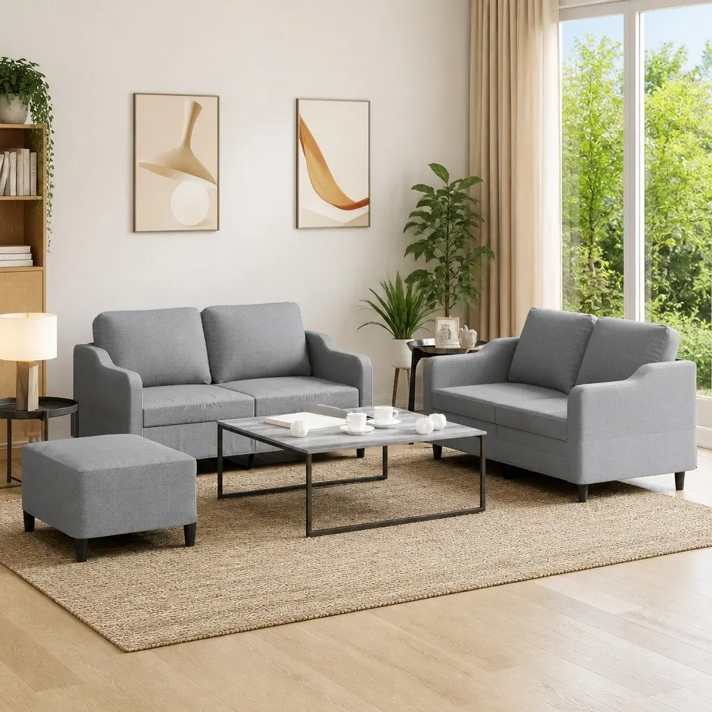Grey Fabric Sofa Set 3 Piece Lounge with Cushions and Footstool for Living Room