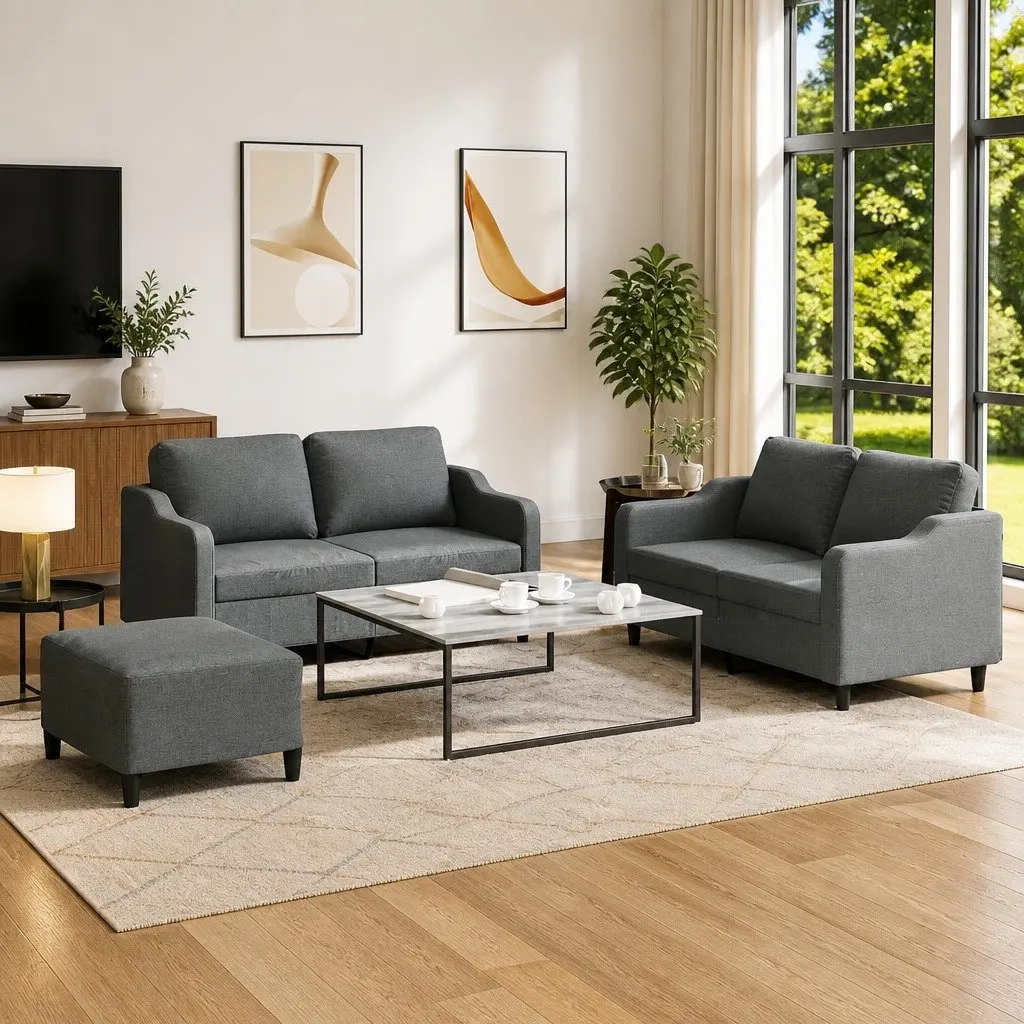 3 Piece Sofa Set Grey Fabric Lounge Cushions Footstool for Living Room