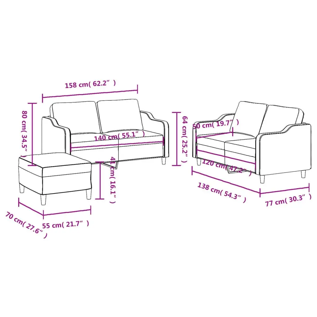 3 Piece Sofa Set Grey Fabric Lounge Cushions Footstool for Living Room