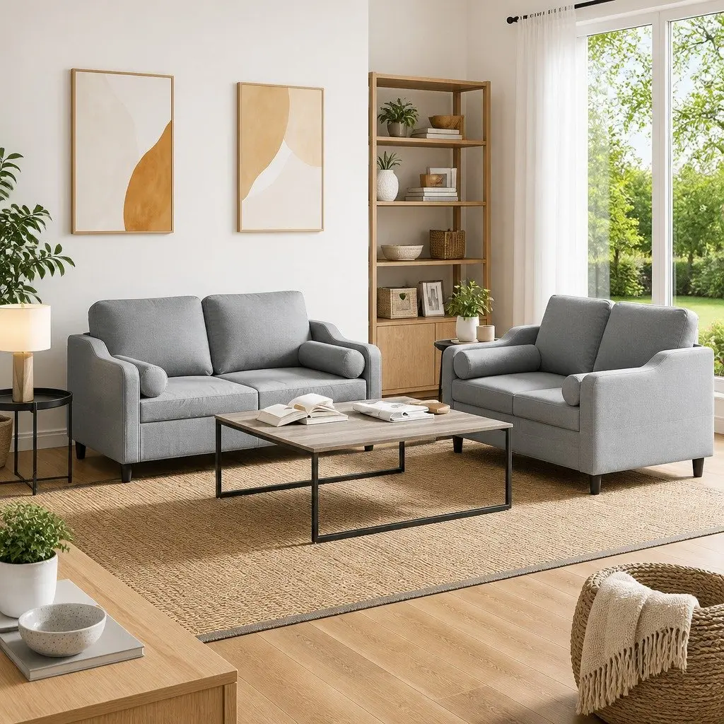 2 Piece Grey Sofa Set with Decorative Pillows