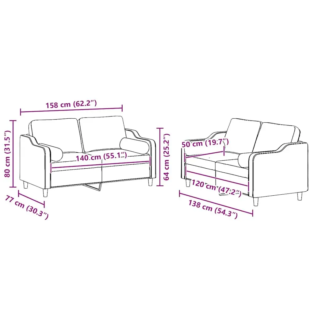2 Piece Grey Sofa Set with Decorative Pillows