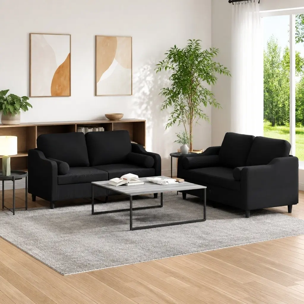 Sofa Set Black Fabric Living Room Couch 2 Piece with Pillows