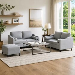 Comfortable 3 Piece Grey Sofa Set with Pillows