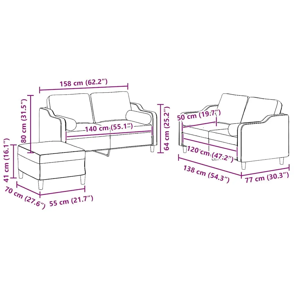 3 Piece Grey Sofa Set with Pillows