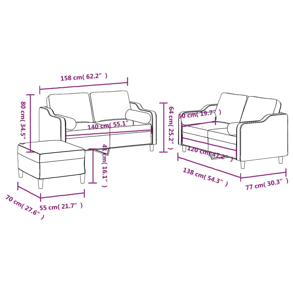 3 Piece Sofa Set Relaxing Footstool Padded Armrests Cylinder Pillows Grey Fabric