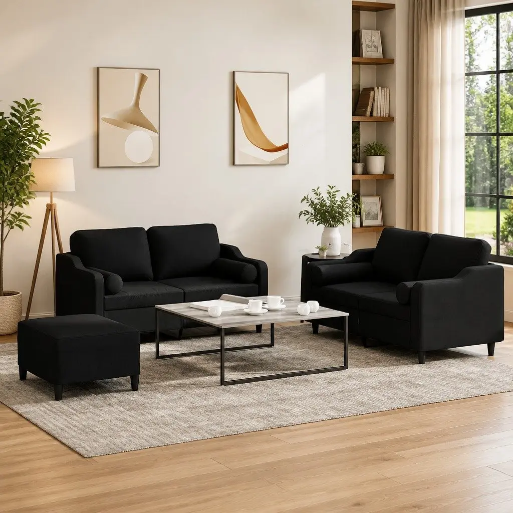 3 Piece Sofa Set Black Fabric Living Room Lounge Suite
