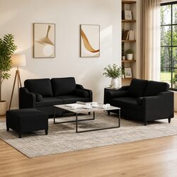 Comfortable and Affordable Black Fabric 3 Piece Sofa Set