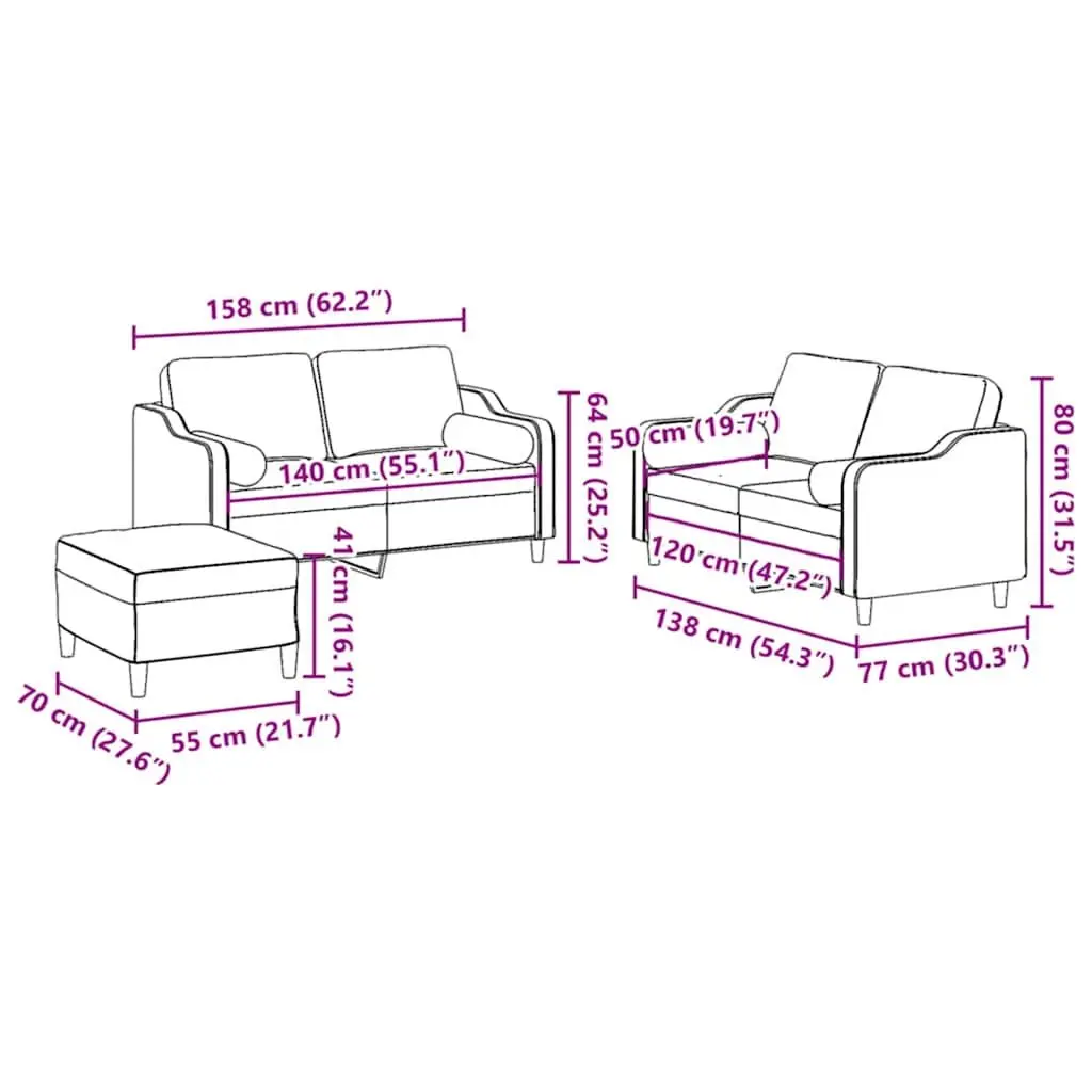 3 Piece Sofa Set Black Fabric Living Room Lounge Suite