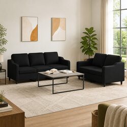 2 Piece Sofa Set with Cushions Black Fabric Lounge Seating Living Room Couch