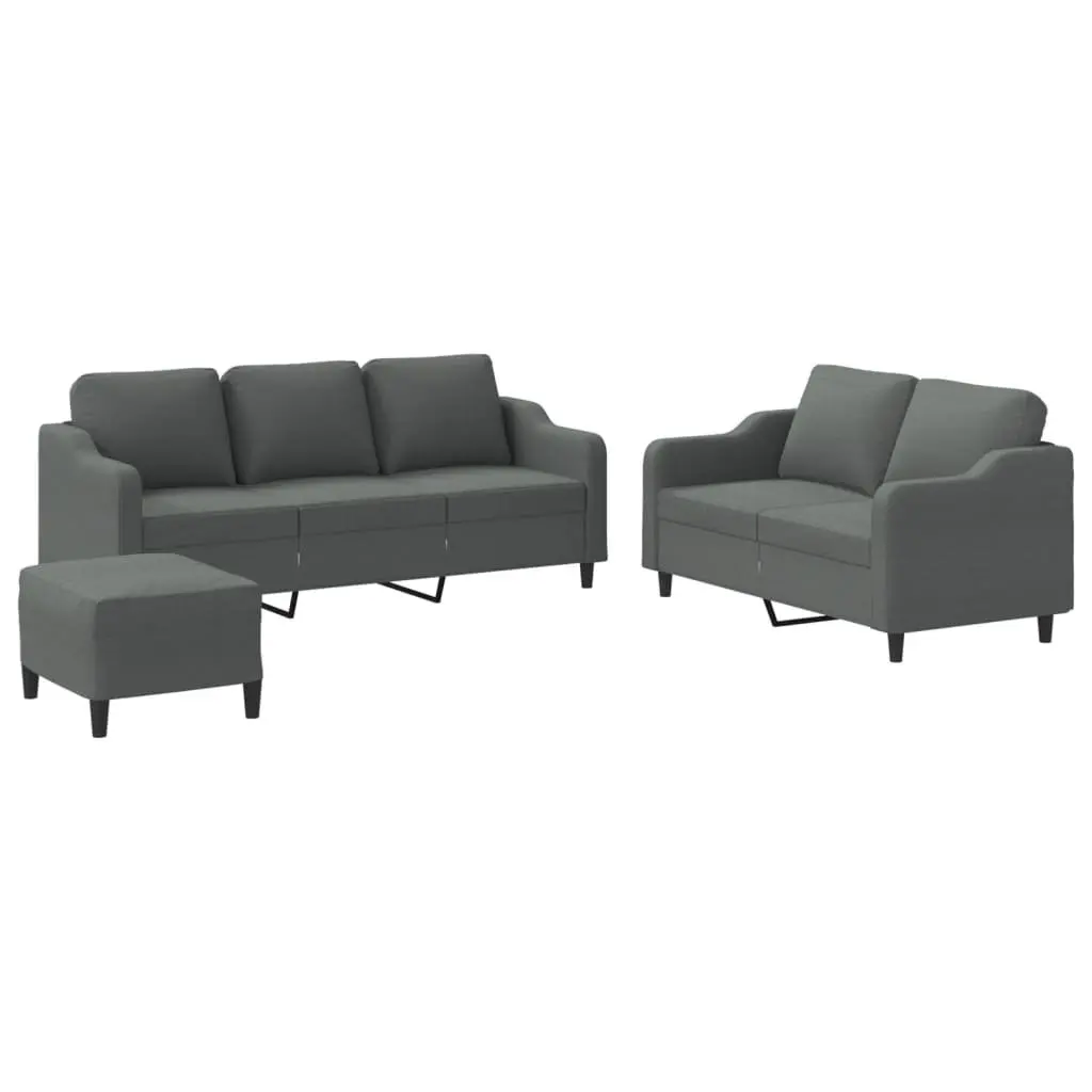 3 Piece Sofa Set Grey Fabric Couch with Cushions Footstool Living Room Furniture