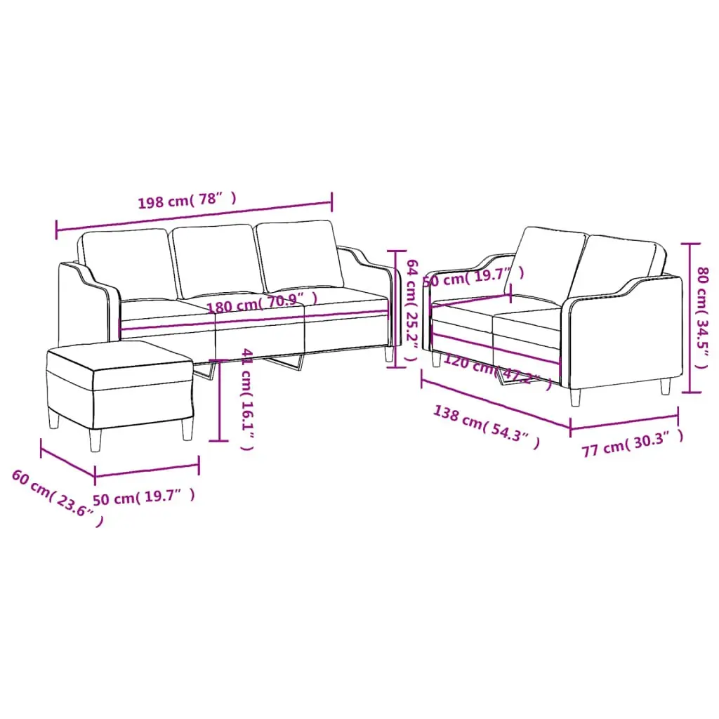 3 Piece Sofa Set Grey Fabric Couch with Cushions Footstool Living Room Furniture