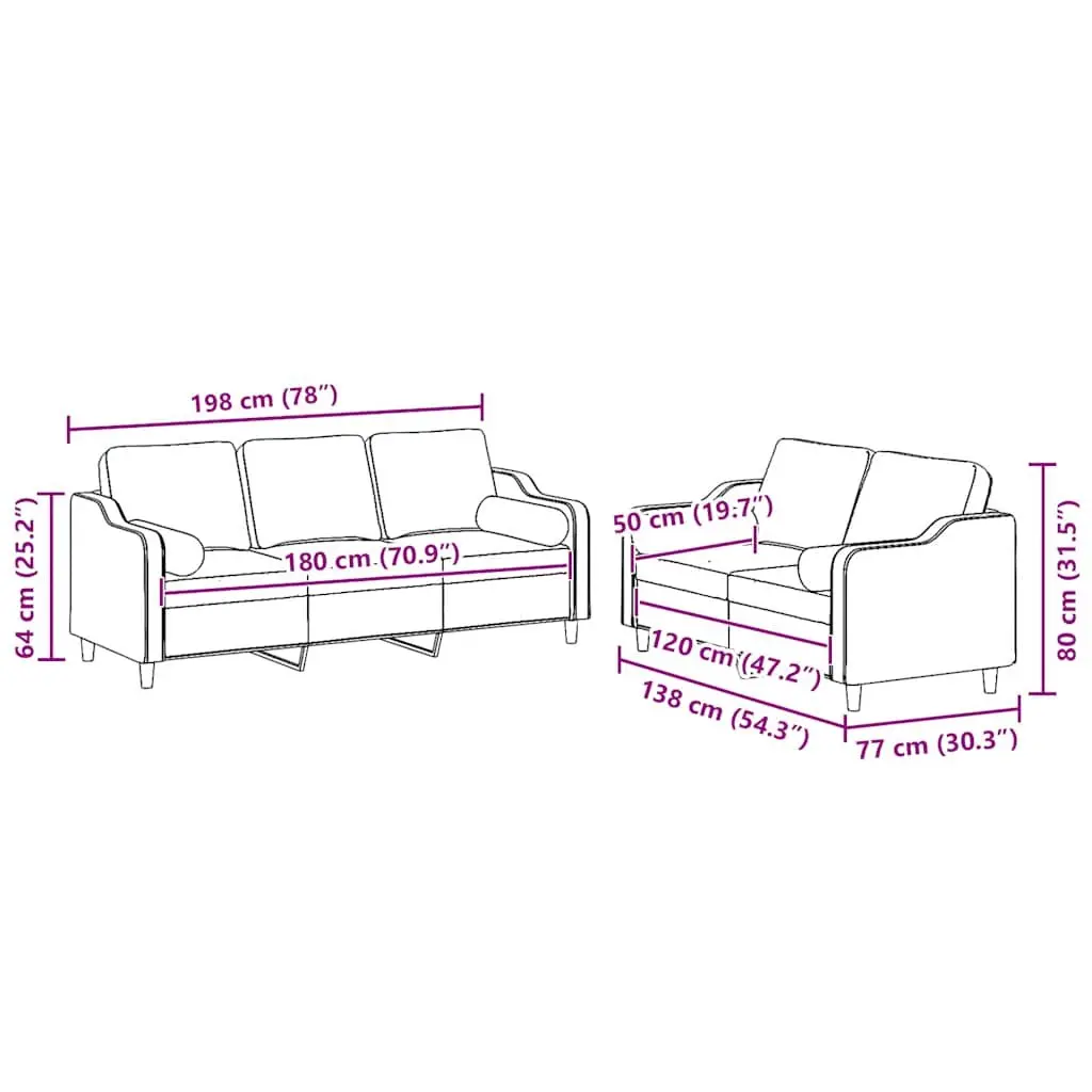 2 Piece Sofa Set Grey Fabric Living Room Lounge Suite with Pillows Comfortable