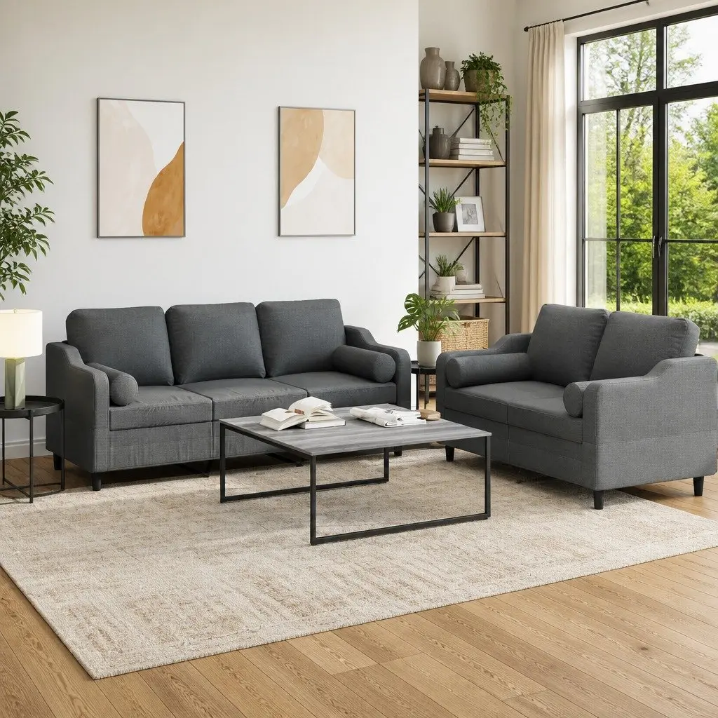Grey Fabric Sofa Set with Pillows Included