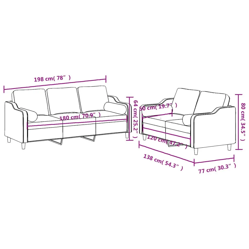Sofa Set Lounge Suite 2 Piece Black Fabric Living Room Seating