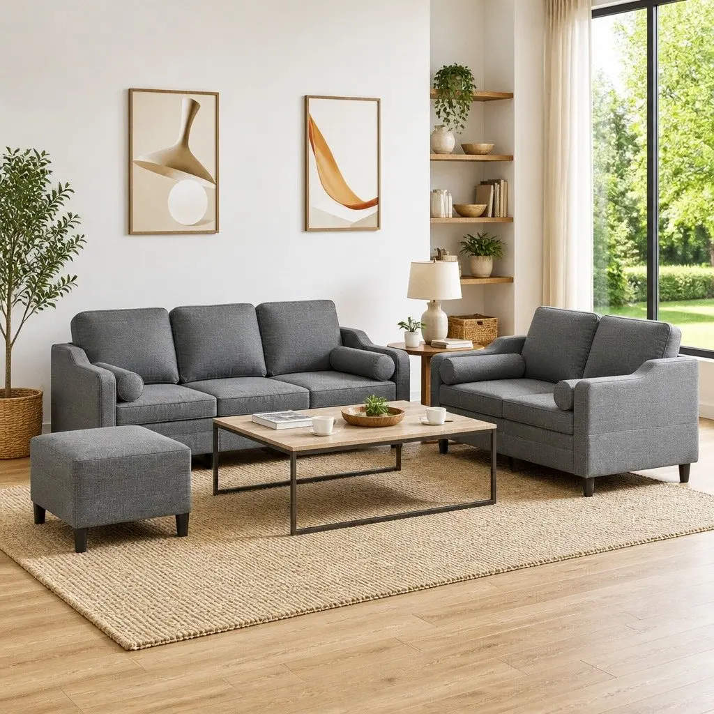 3 Piece Sofa Set for Living Room Relaxing Grey Fabric