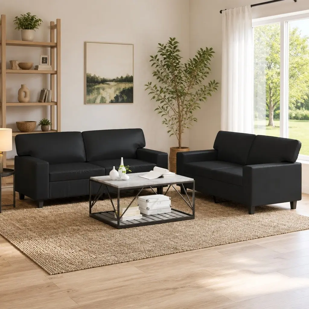 2 Piece Sofa Set Living Room Furniture Sectional Couch Black Faux Leather