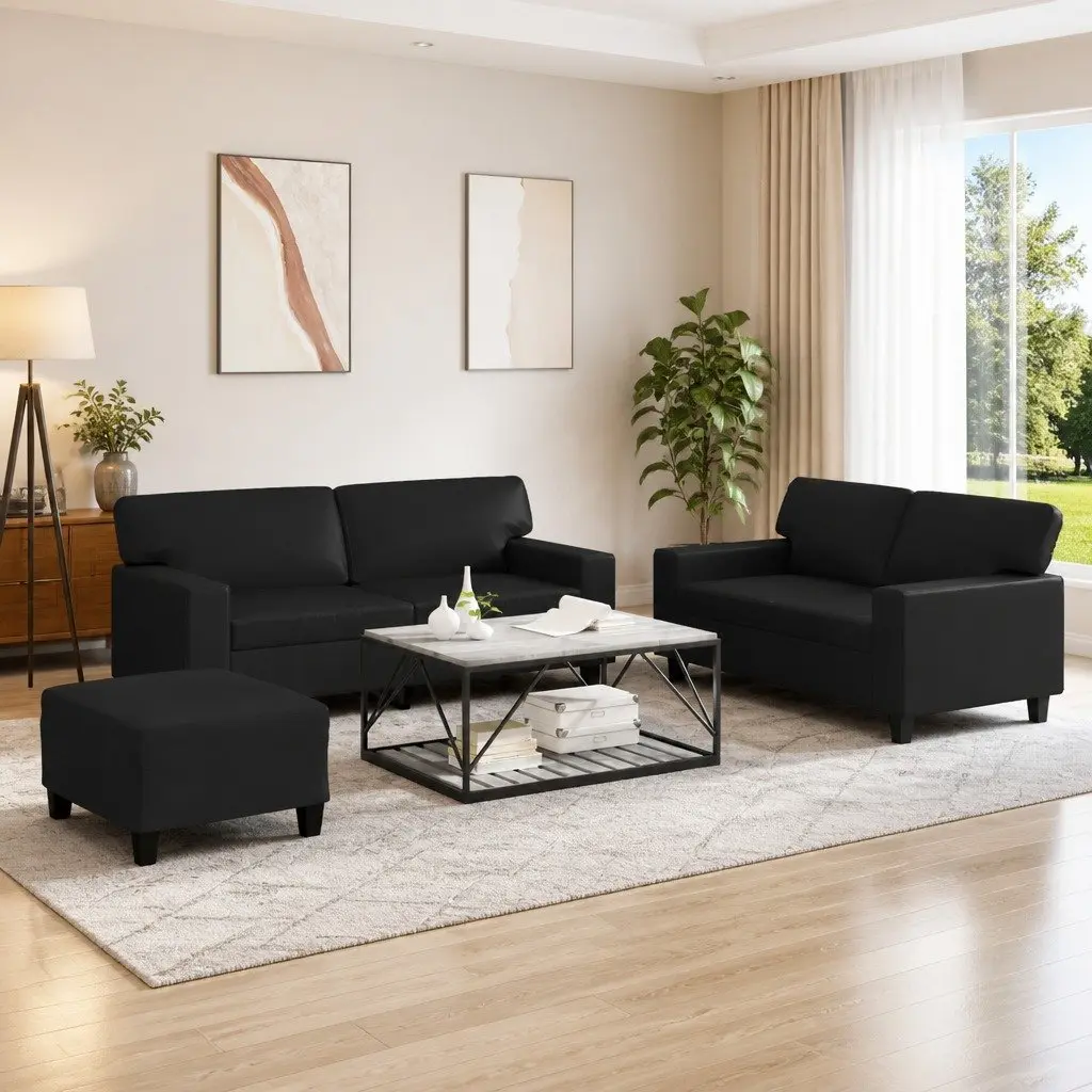 3 Piece Sofa Set Black Faux Leather Lounge Suite with Footstool Living Room
