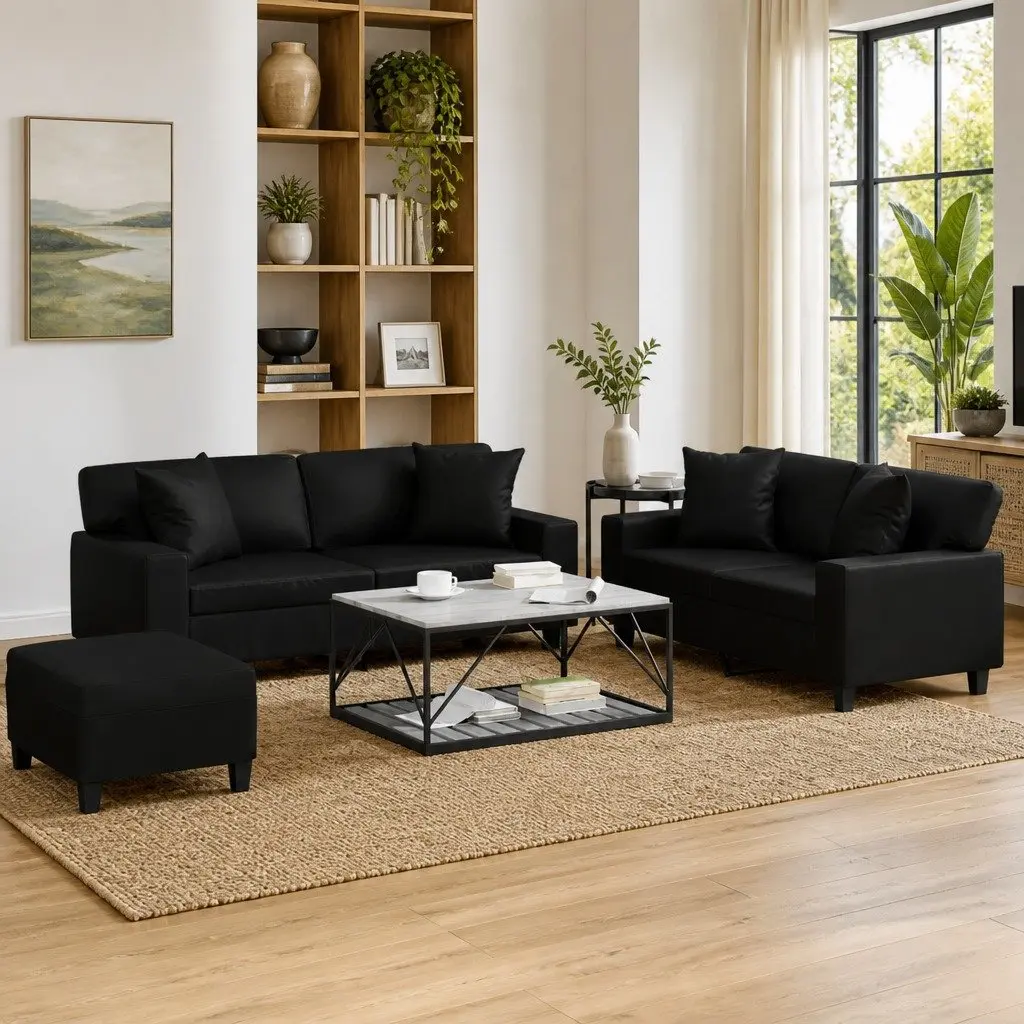 3 Piece Sofa Set Living Room Black Faux Leather