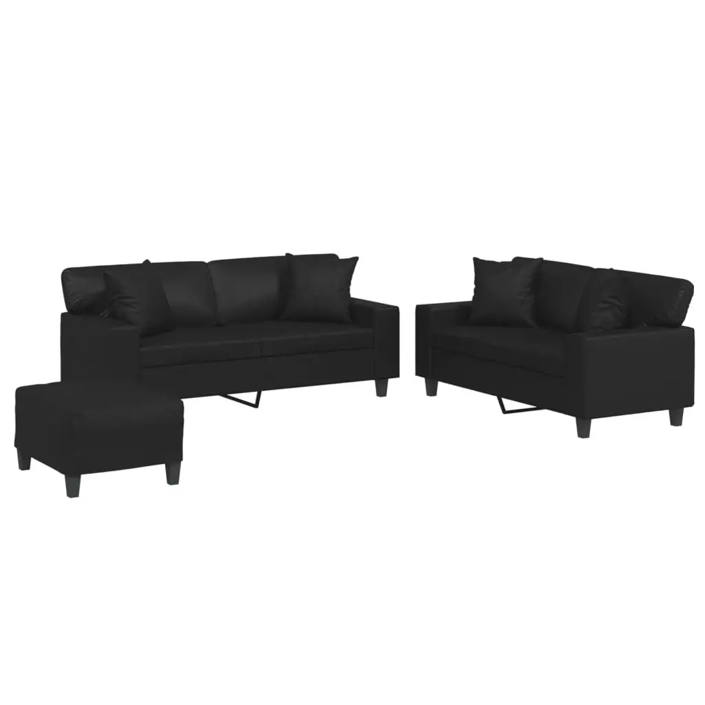 3 Piece Sofa Set Living Room Black Faux Leather