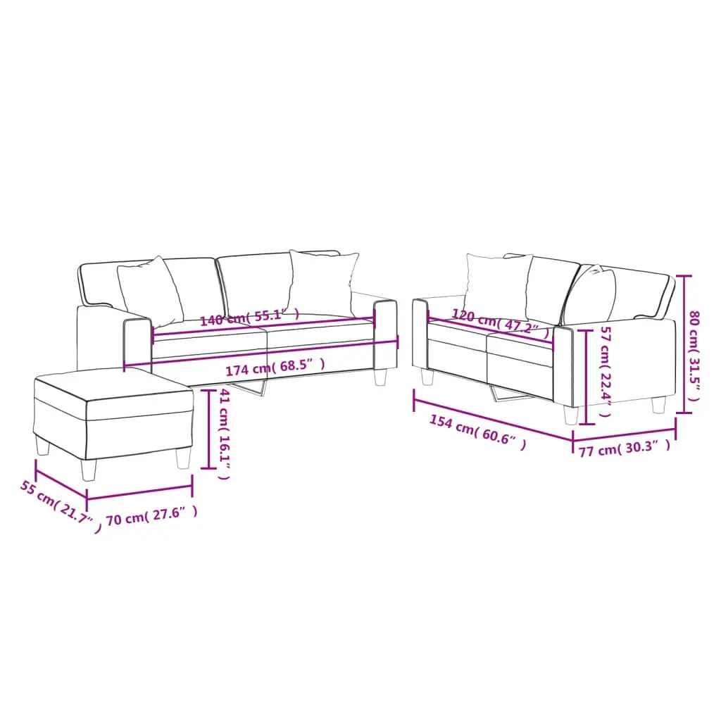 3 Piece Sofa Set Living Room Black Faux Leather